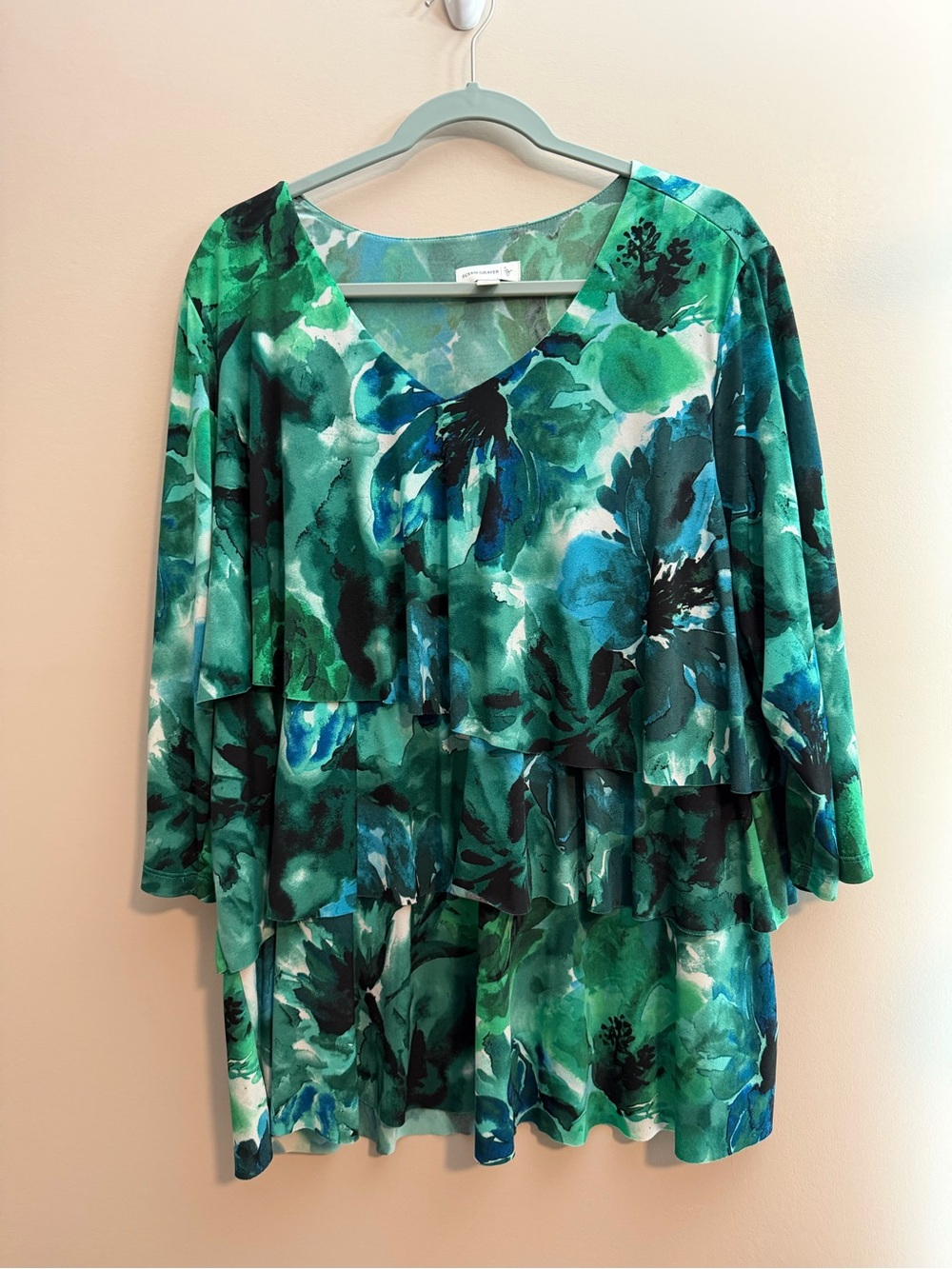 Susan Graver Green Blue Floral Tiered V-Neck Tunic